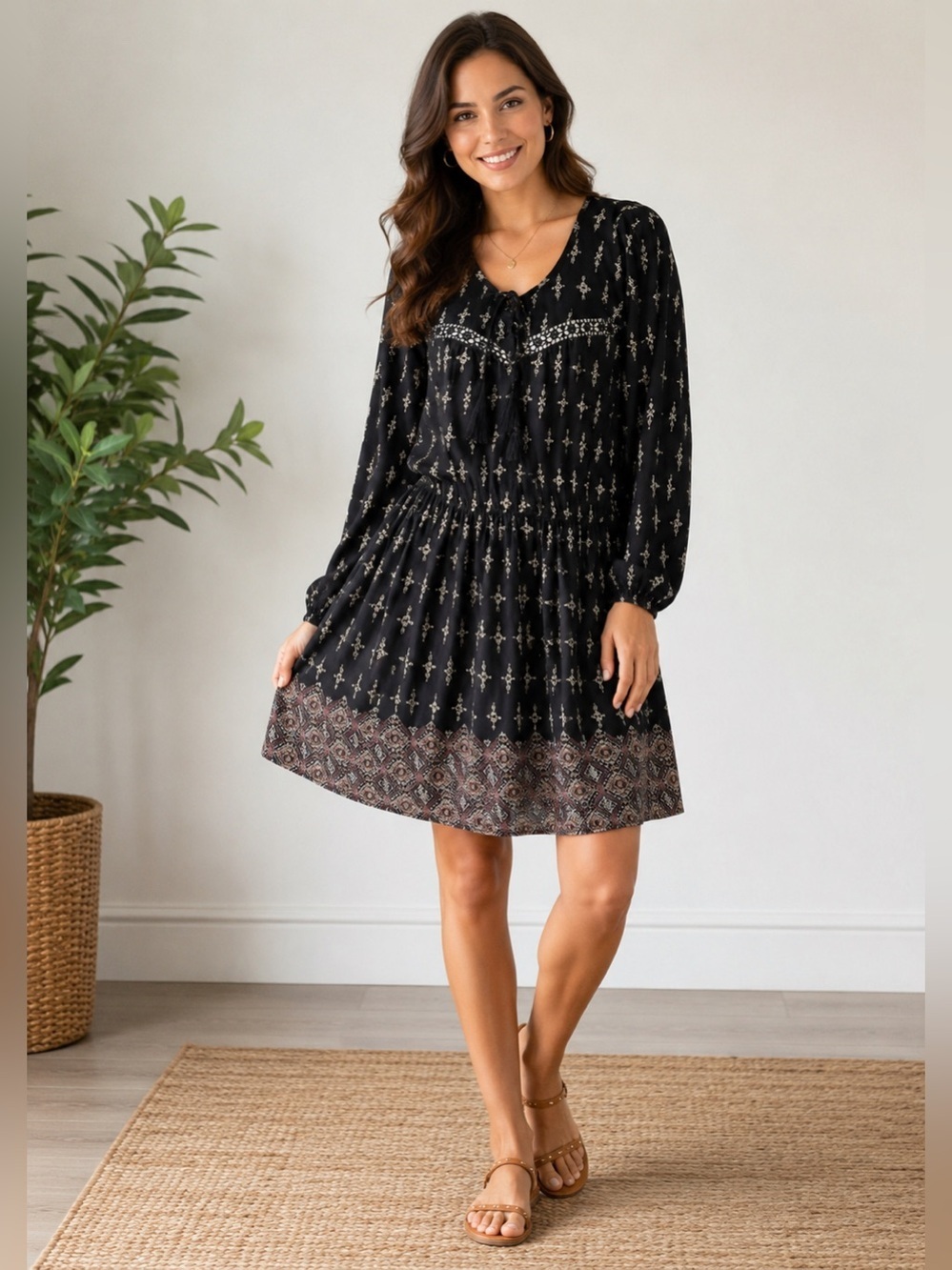 American Rag Women’s Boho Tunic Dress XXL Black Crochet Insert Elastic Waist
